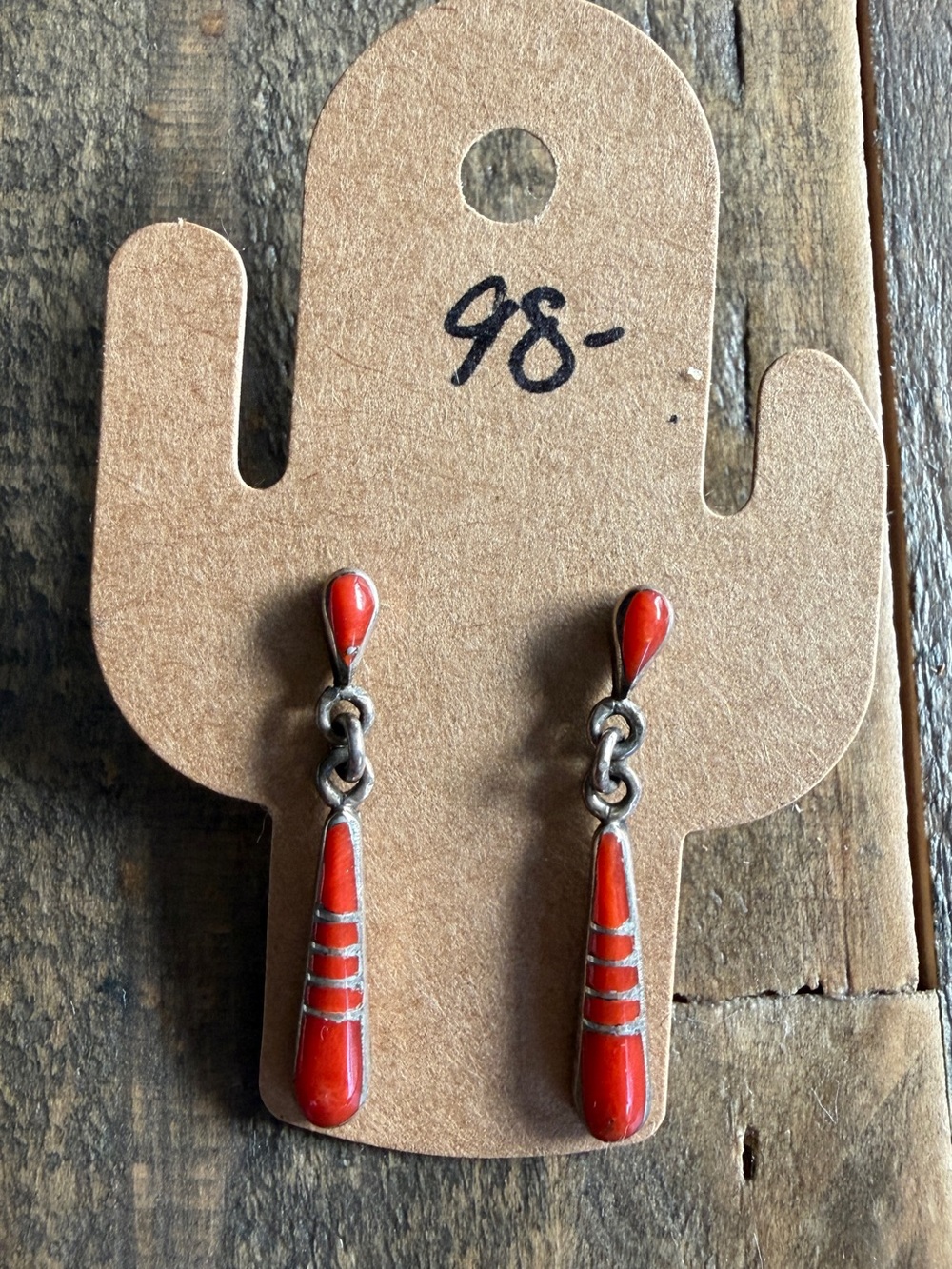 Vintage Zuni Handmade Coral Sterling Silver Teardrop Post Dangle Earrings